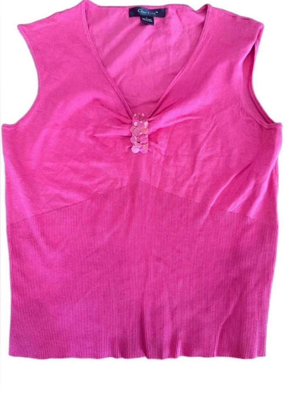 C’est City Women’s L Pink V-Neck Sequin Embellished Sleeveless Knit Top